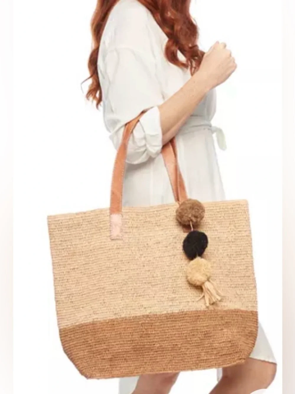 mar y sol Montauk Color Block Raffia Tote - Two-Tone Bag w/ Pom Pom Accent - NWT
